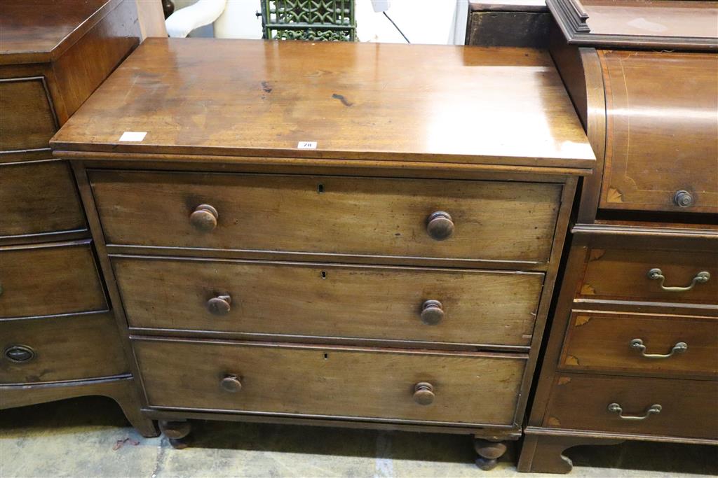 A Victorian mahogany chest of three long drawers, width 94cm, depth 53cm, height 92cm